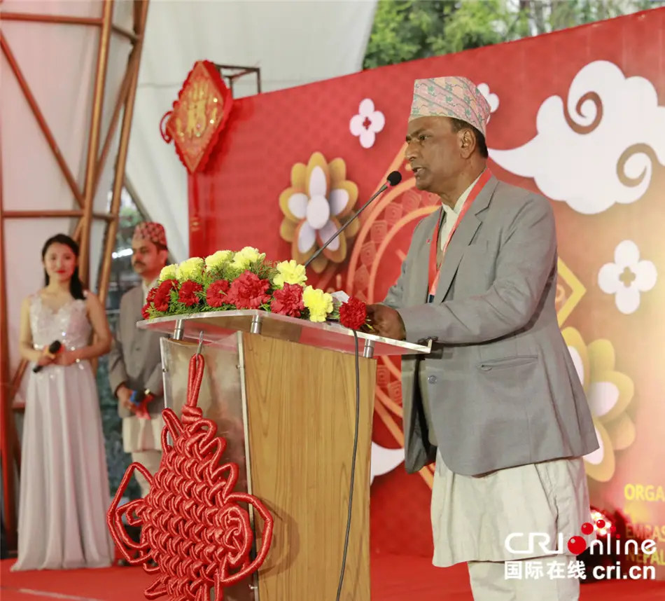 Harish Chandra Shah, President of Nepal China Cultural and Educational Council, delivers a speech at an activity held by the council to celebrate the Chinese Lunar New Year, March 2018.