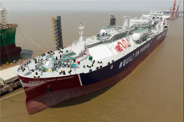 A China-made very large ethane carrier (VLEC) with the world’s largest capacity of 99,000 cubic meters, which was built by Jiangnan Shipyard (Group) Co., Ltd., is delivered in Shanghai, May 16, 2022. (Photo by Ruan Ruimin)