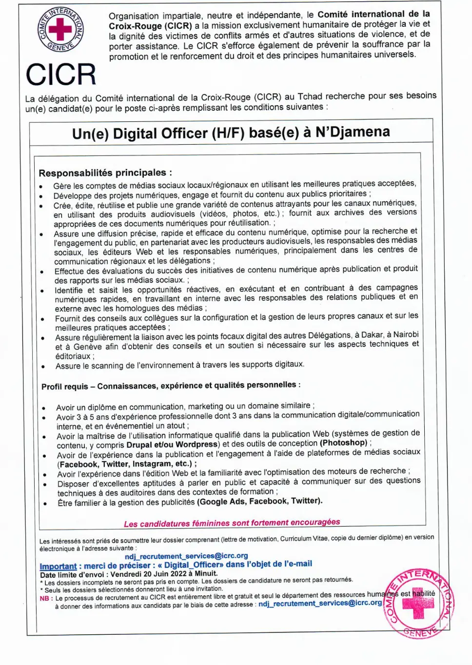 Tchad : La Délégation du CICR recrute Un(e) Digital Officer (H/F) basé(e) à N'Djamena