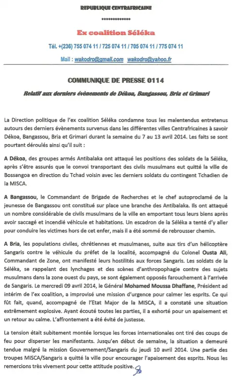 RCA : La Séléka avertit des conséquences de toute tentative de désarmement forcé