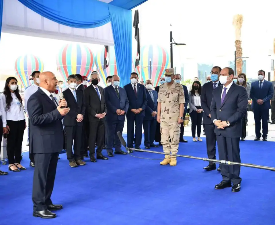 Egyptian President Abdel Fattah El-Sisi and Egyptian Prime Minister Mostafa Madbouly attend the inauguration ceremony of the Adly Mansour Station and the 10th of Ramadan Light Rail Transit (LRT) program, July 3, 2022. The 10th of Ramadan LRT program is the first electrified LRT in both Egypt and Africa. It’s general contractor was the consortium of China Railway Engineering Corporation and AVIC International Holding Corporation. (Photo courtesy of the Chinese Embassy in Egypt)