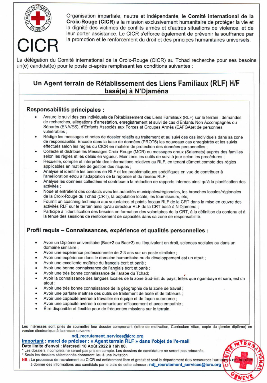 Tchad : La Délégation du CICR recrute un(e) Agent(e) de terrain de Rétablissement des Liens Familiaux (RLF) (H/F) basé(e) à N'Djamena