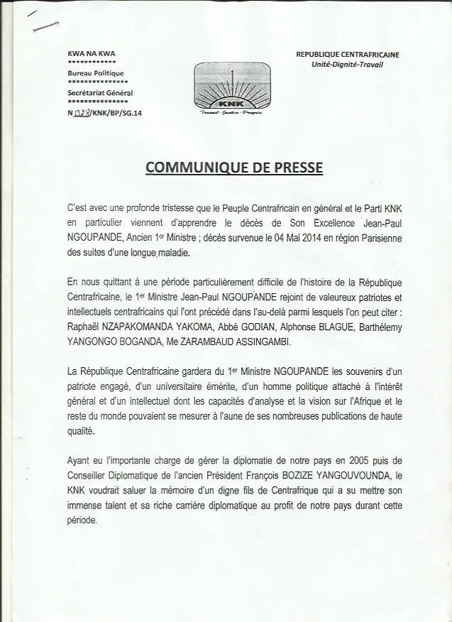Le parti de Bozizé rend hommage à Jean-Paul Ngoupande