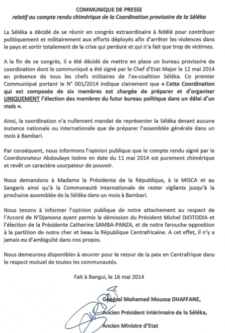 Centrafrique : Communiqué de la coalition Séléka Centrafrique : Communiqué de la coalition Séléka