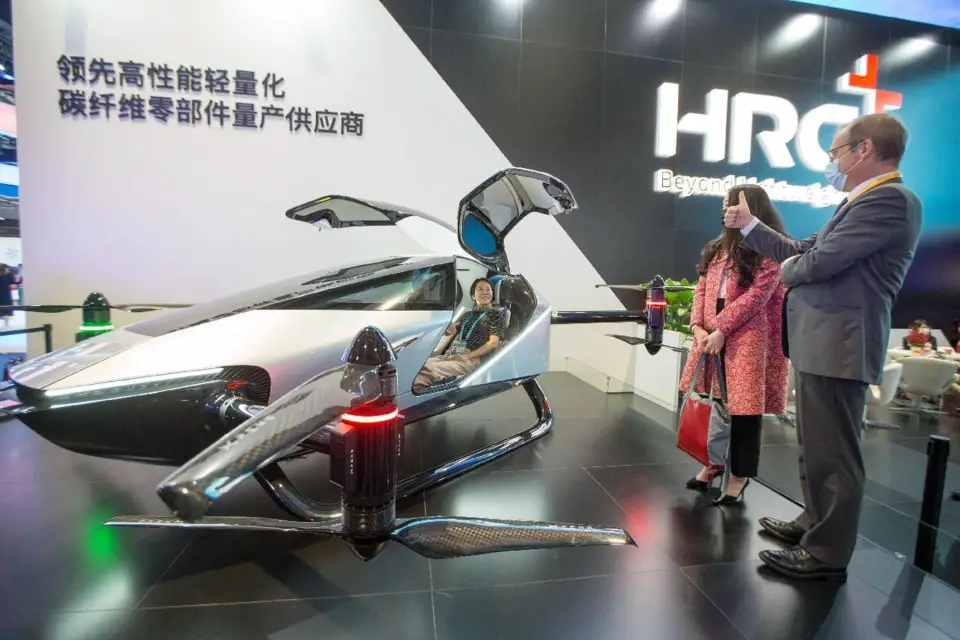 The X2, a flying car from Chinese electric vehicle producer XPeng, is exhibited at the automobile section of the fourth China International Import Expo, Nov. 6, 2021. (Photo by Zhai Huiyong/People’s Daily Online)