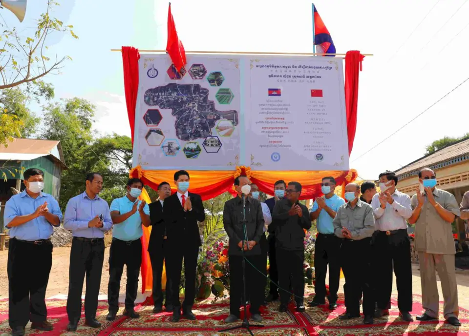 Wu Chuanbing, counsellor of the Chinese Embassy in Cambodia, attends the inauguration ceremony of a China-aided pilot project for poverty alleviation in Cambodia, Jan. 29, 2021. Two teaching buildings aided by China were delivered to the Cambodian side at the ceremony. (Photo courtesy of the Chinese Embassy in Cambodia)