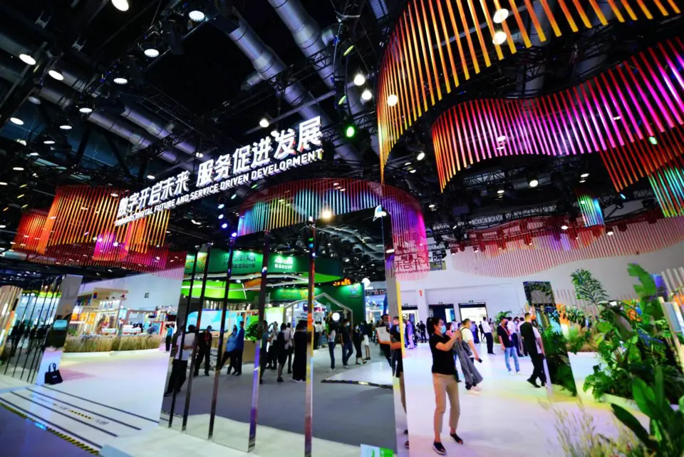Photo taken on Sept. 7, 2021 shows the China International Fair for Trade in Services held at the China National Convention Center in Beijing. (Photo by Fan Jiashan/People's Daily Online)