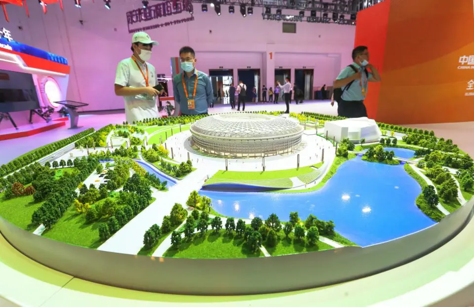 A model of the renovated Beijing Workers Stadium is exhibited at the 2022 China International Fair for Trade in Services held in Beijing, Sept. 1, 2022. (Photo by Luo Wei/People's Daily Online)