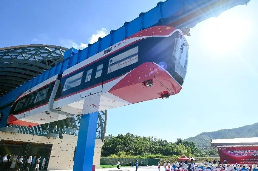 Xingguo, the first train of China using permanent magnet maglev technology goes for a test run in Xingguo county, Ganzhou, east China's Jiangxi province, Aug. 9, 2022. (Photo by Bao Gansheng/People's Daily Online)