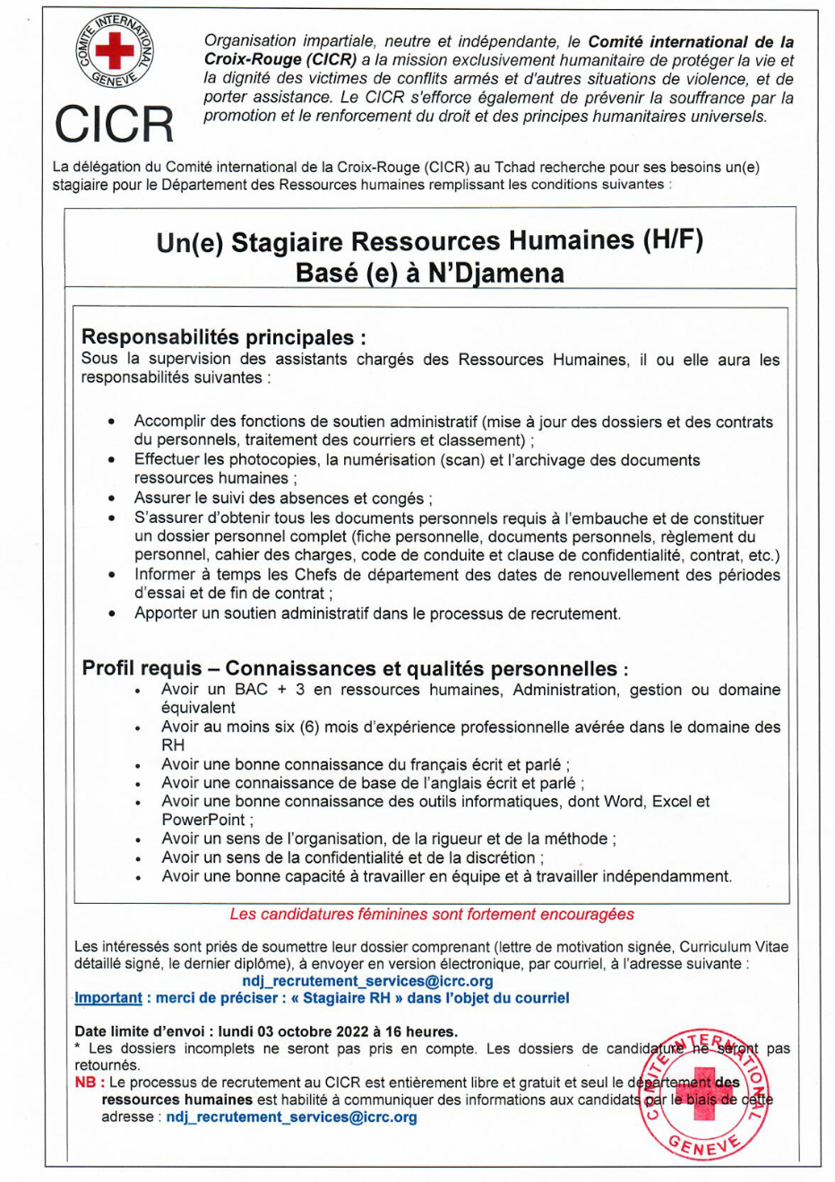 Tchad : La Délégation du CICR recrute un(e) Stagiaire Ressources Humaines (H/F) basé(e) à N'Djamena Tchad : La Délégation du CICR recrute un(e) Stagiaire Ressources Humaines (H/F) basé(e) à N'Djamena