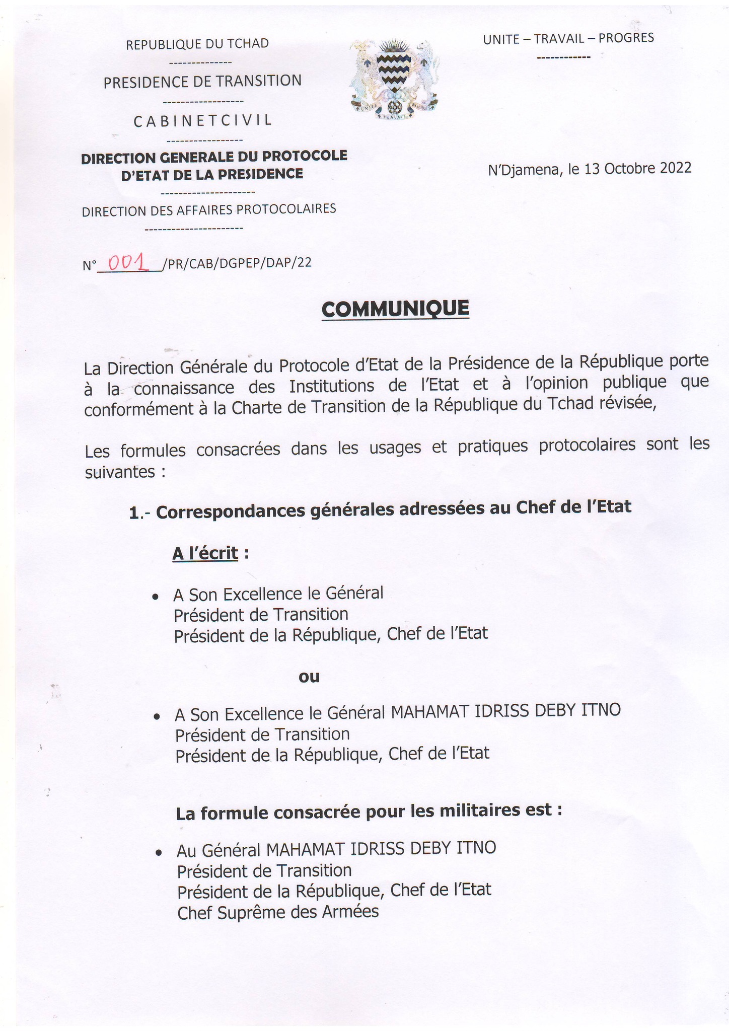 Tchad : le Protocole d'État actualise les formules protocolaires pour s'adresser au président
