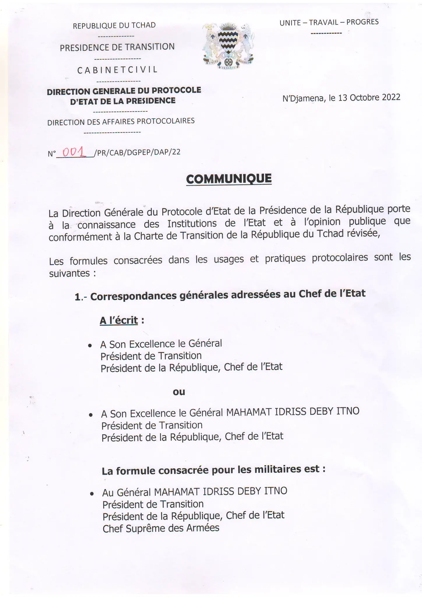 Tchad : le Protocole d'État actualise les formules protocolaires pour s'adresser au président