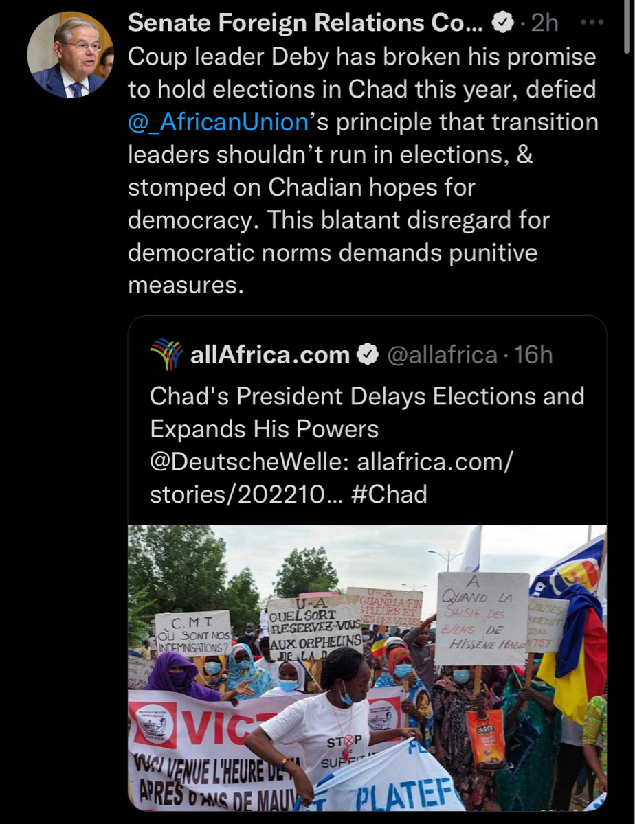 Tchad : un sénateur américain brandit des "mesures punitives" et dénonce une défiance de l'UA