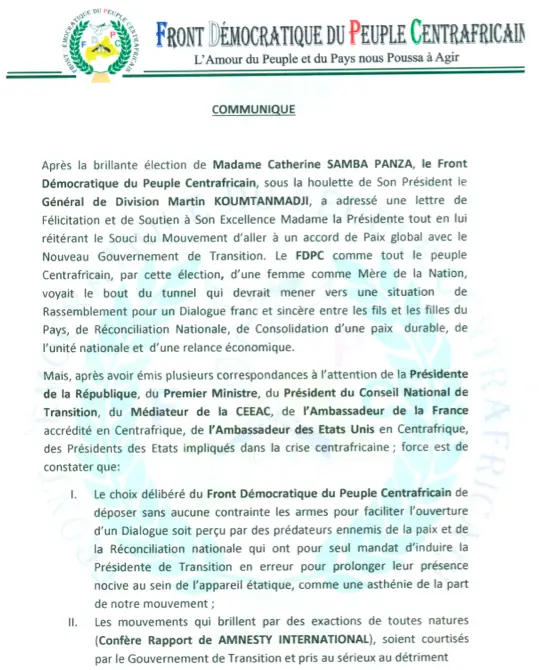 RCA : Le FDPC annule sa participation au Dialogue de Brazzaville et suspend toute négociation avec le Gouvernement