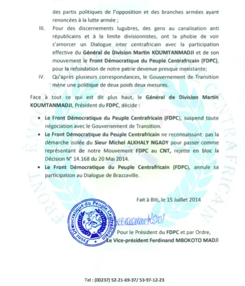 RCA : Le FDPC annule sa participation au Dialogue de Brazzaville et suspend toute négociation avec le Gouvernement
