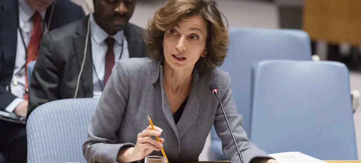 La directrice générale de l'UNESCO, Audrey Azoulay, devant le Conseil de sécurité. le 14 avril. © ONU/Rick Bajornas