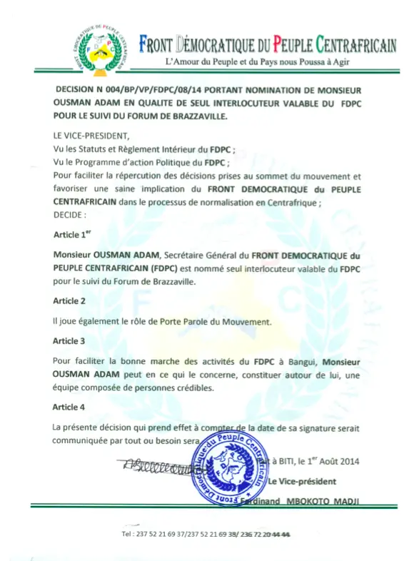 RCA : Le FDPC nomme un émissaire pour le suivi des décisions du Forum de Brazzaville