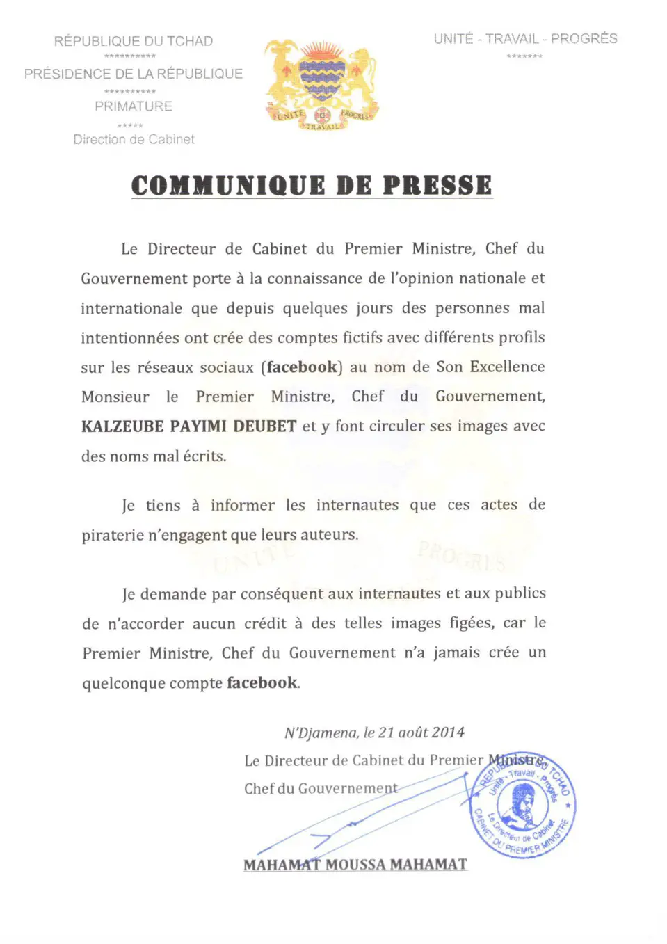 Le premier ministre tchadien dément avoir une page facebook