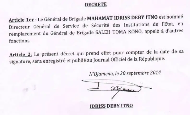 Tchad : Le Général Mahamat Idriss Déby prend la tête de la DGSSIE