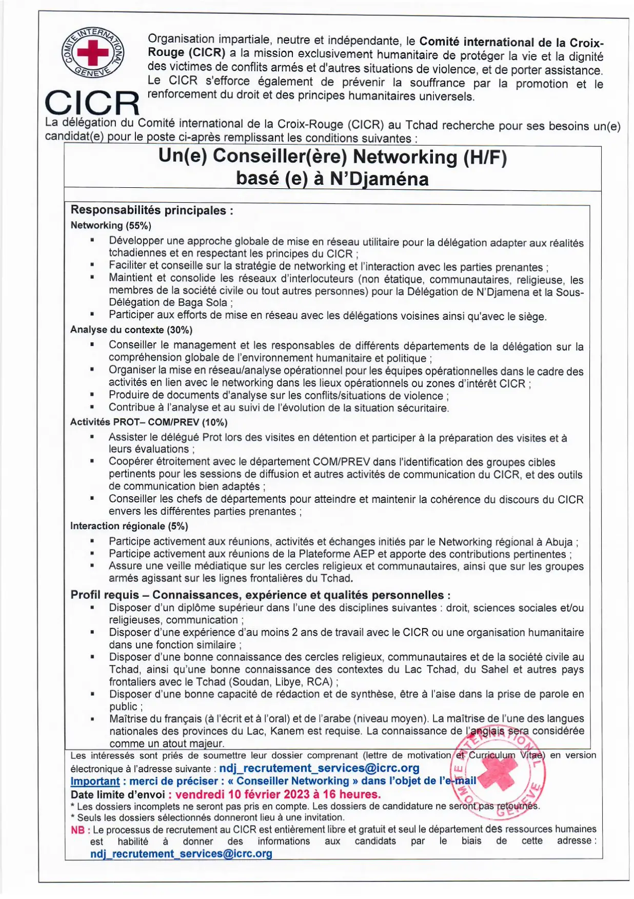 Tchad : la Délégation du CICR recrute un(e) Conseiller(ère) Networking (H/F) basé(e) à N'Djamena