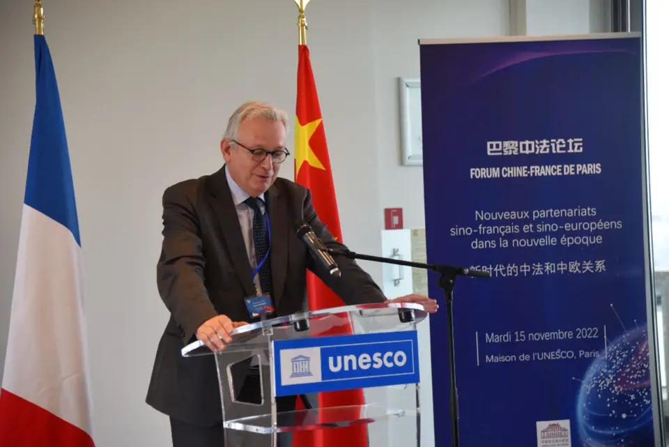 Pierre Laurent, president of the National Council of the French Communist Party, delivers a speech at a luncheon party of the first China-French forum hosted by the Chinese Embassy in France, Nov. 15, 2022. (Photo by Liu Lingling/People's Daily)