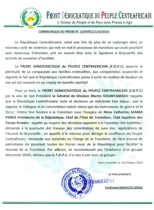Centrafrique : Le groupe armé FDPC apporte son soutien à la Présidente CSP