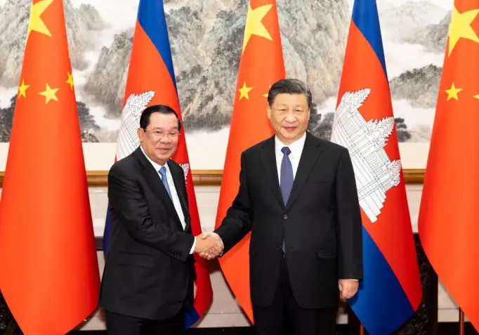 Chinese President Xi Jinping meets with Prime Minister of the Kingdom of Cambodia Samdech Techo Hun Sen at the Diaoyutai State Guesthouse in Beijing, capital of China, Feb. 10, 2023. (Photo by Huang Jingwen/Xinhua)