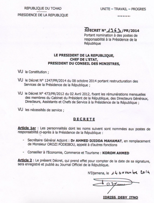 Tchad : L'ex-ministre Ahmat Djidda nommé SGA de la Présidence