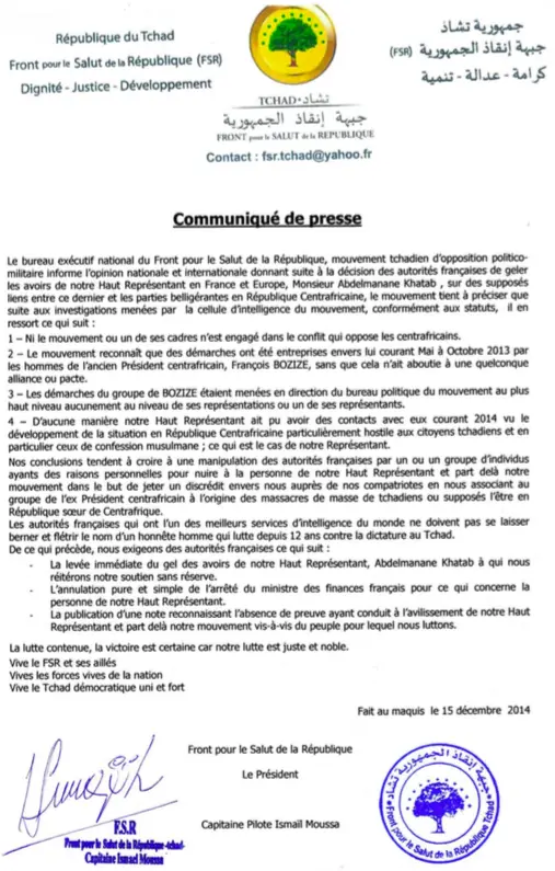 Tchad : Communiqué du FSR