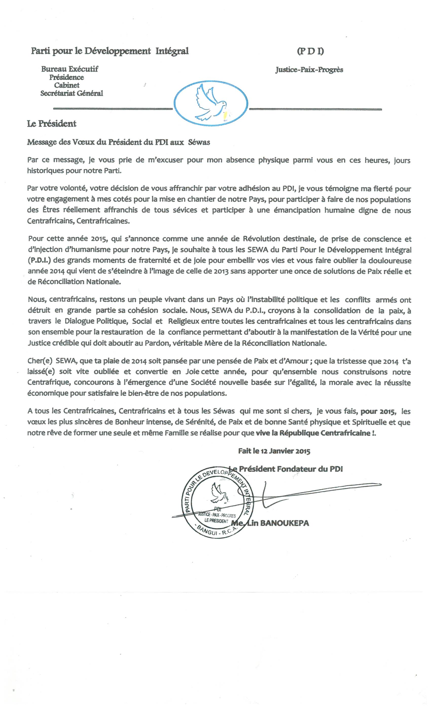 Message des vœux du Président du PDI aux séwas centrafricains