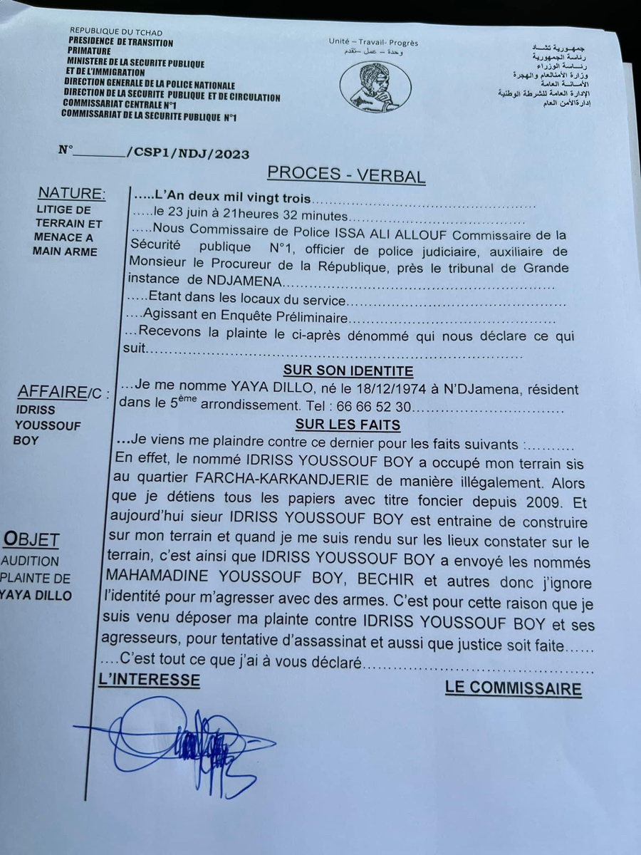 Tchad : Yaya Dillo a déposé une plainte contre Idriss Youssouf Boy