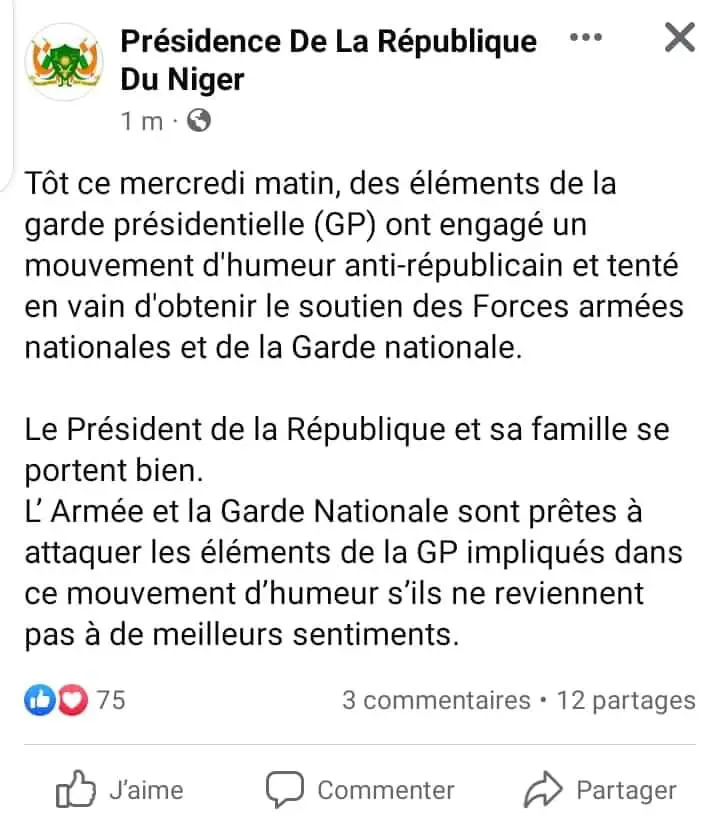 Niger : la Présidence confirme une tentative de coup d'État en cours