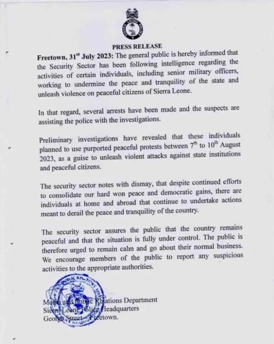 Sierra Leone : Le gouvernement affirme avoir déjoué une tentative de coup d'État