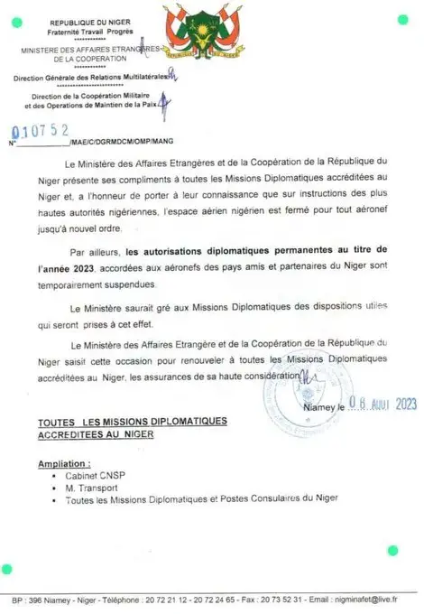 Niger: Suspension temporaire des autorisations diplomatiques permanentes de vol