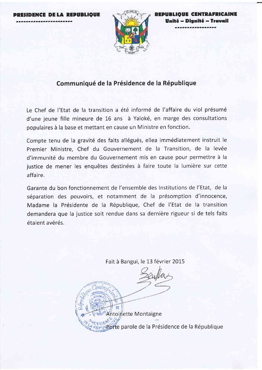 Centrafrique : L'affaire du Viol de Yalokè fait débat Centrafrique : L'affaire du Viol de Yalokè fait débat