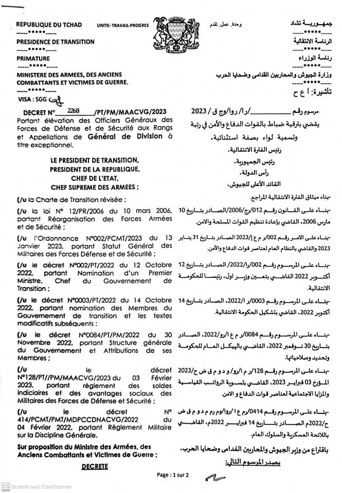 Tchad: 16 officiers Généraux élevés au rang de Général de division