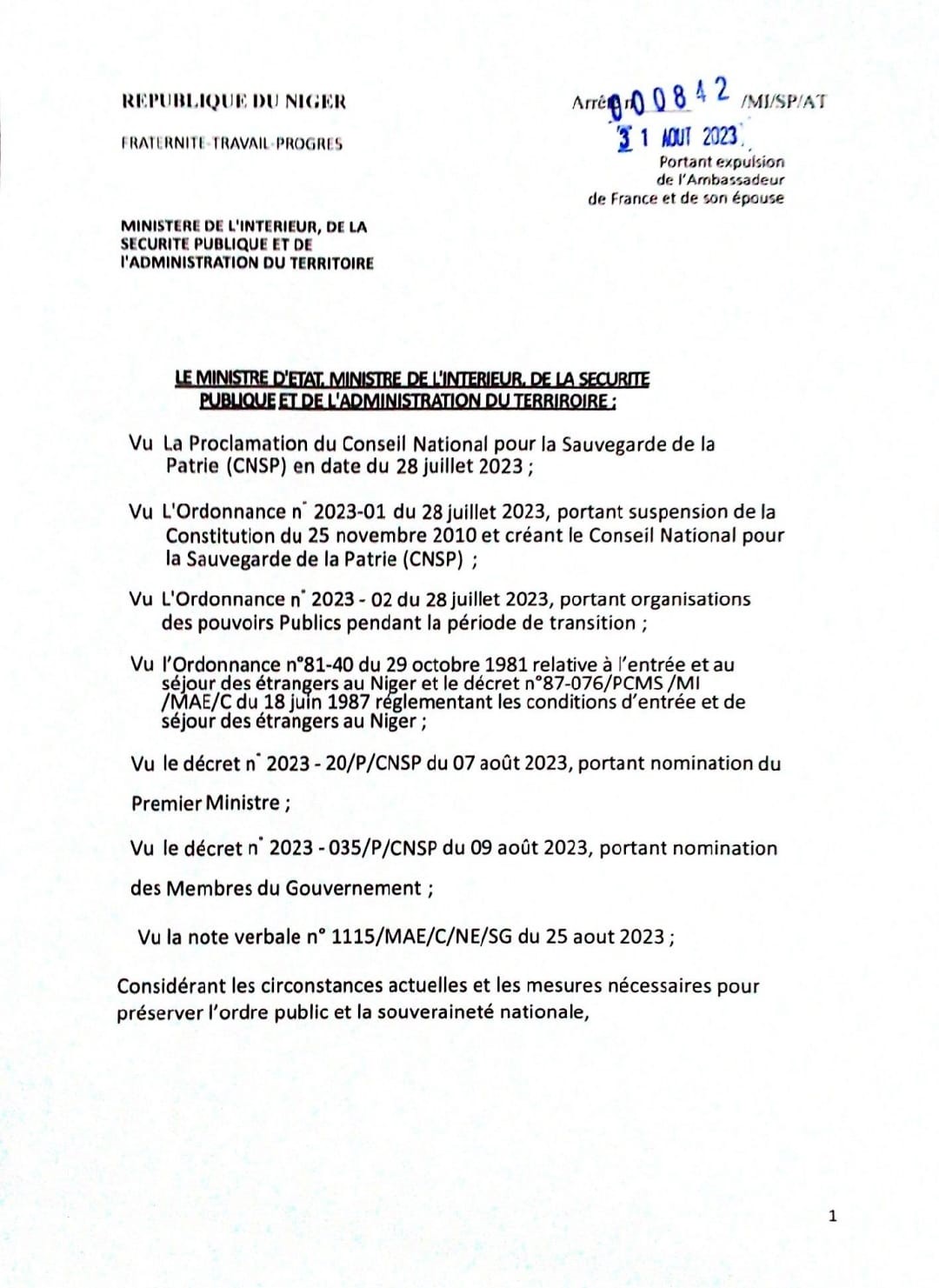 Niger : La junte signe un arrêté expulsant l’ambassadeur de France