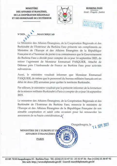 Le Burkina Faso retire l'agrément de l'attaché de défense près l'ambassade de France