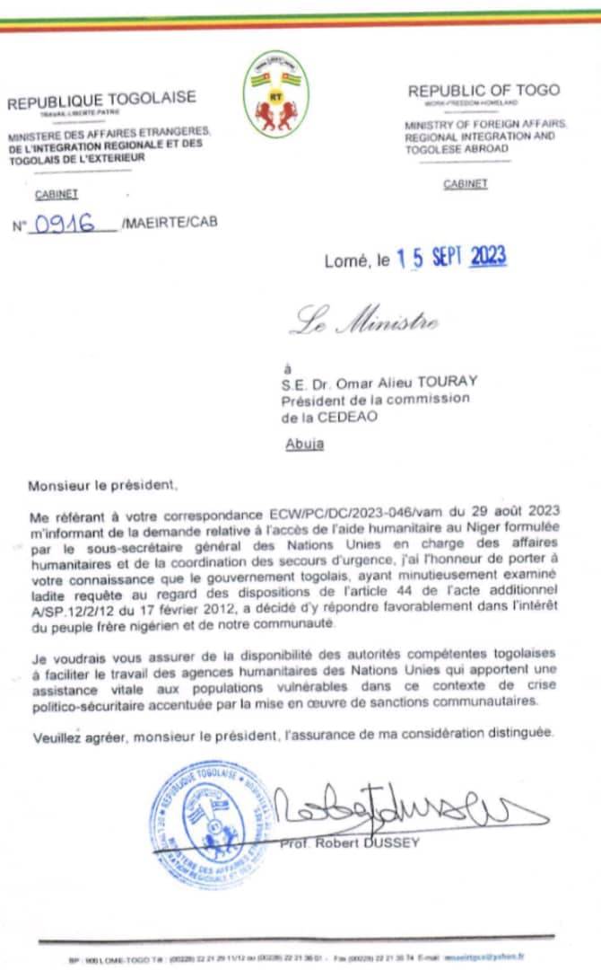 Le Togo soutient l'accès à l'aide humanitaire au Niger à la demande des Nations Unies