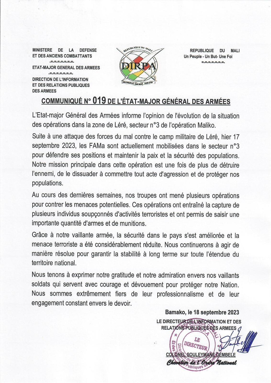 Mali : L’armée communique sur les attaques contre ses bases à Léré