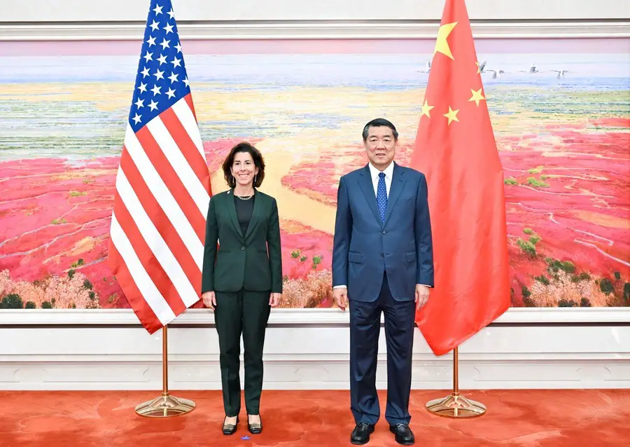 Chinese Vice Premier He Lifeng meets with visiting U.S. Commerce Secretary Gina Raimondo in Beijing, capital of China, Aug. 29, 2023. (Xinhua/Yue Yuewei)