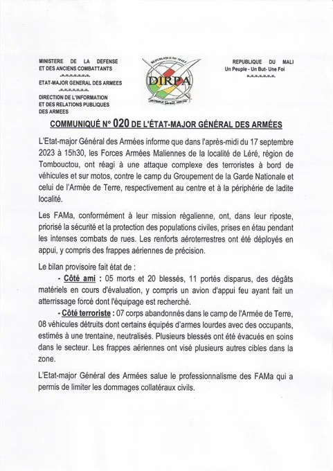 Mali / Attaque terroriste à Léré : Cinq militaires tués et 20 autres blessés (Ministère de la Défense)