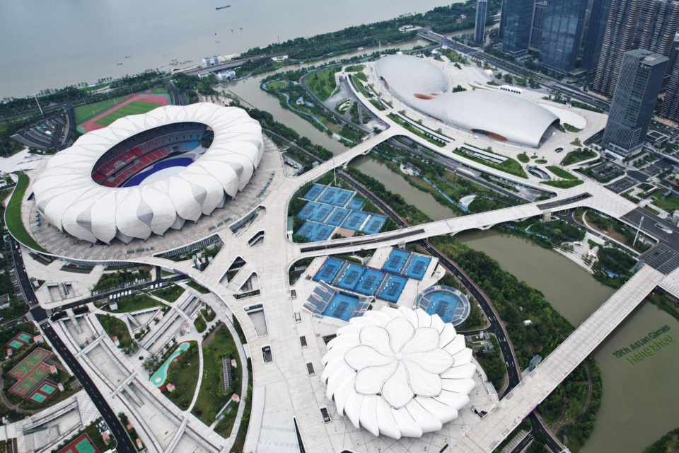 Photo taken on Sept. 12, 2023 shows the Hangzhou Olympic Sports Center, the main venue of the 19th Asian Games. (Photo by Long Wei/People's Daily Online)