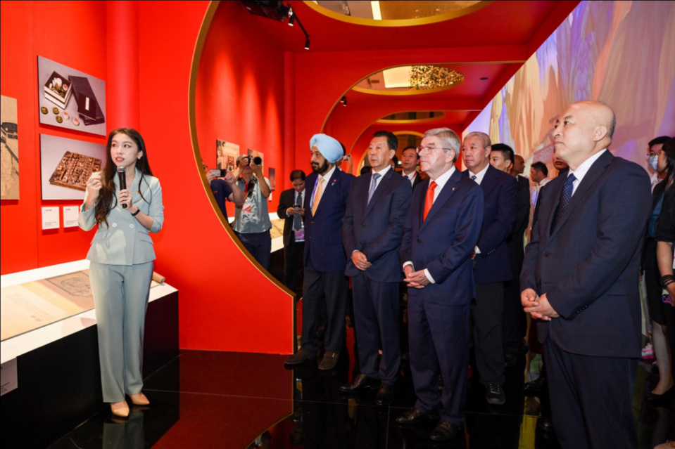 International Olympic Committee President Thomas Bach and Acting President of the Olympic Council of Asia Raja Randhir Singh visit the China House of the Hangzhou Asian Games on the day it opens, Sept. 22, 2023. (Photo by Wang Hailin/People's Daily)