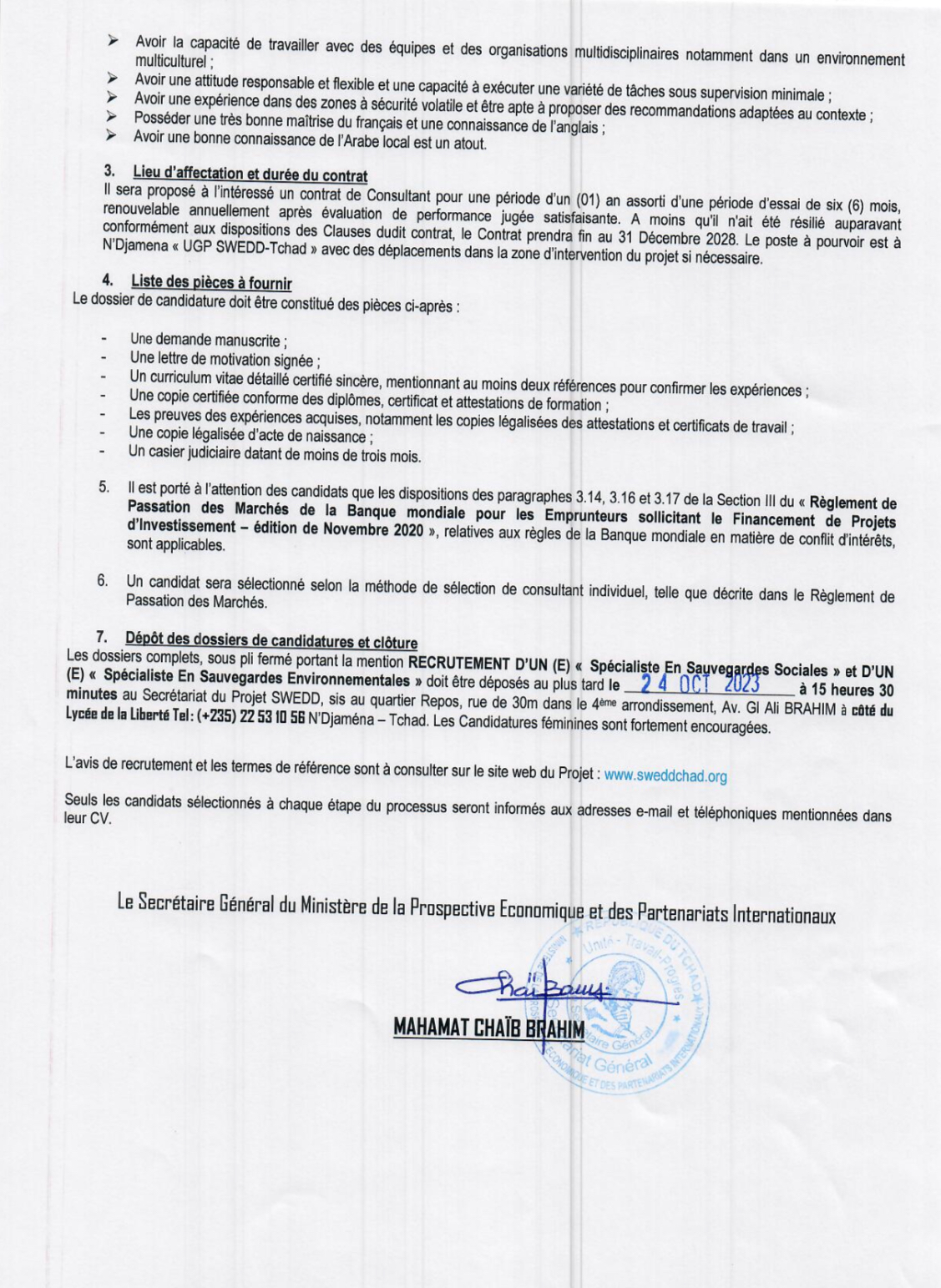 Tchad : le projet SWEDD+ lance un avis de recrutement de deux spécialistes