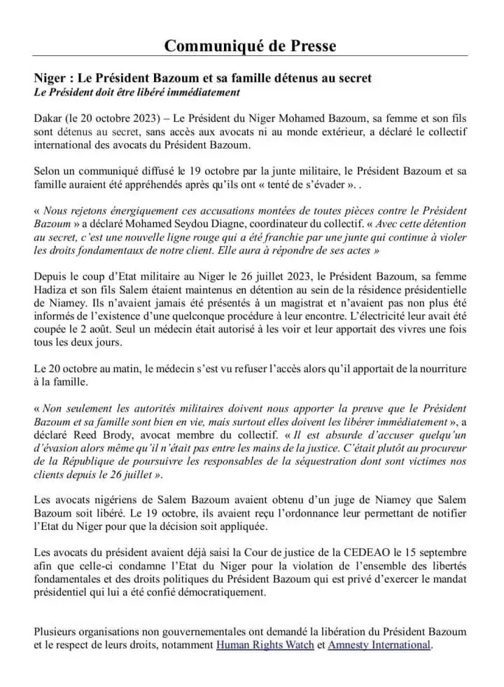 Niger  / Tentative d’évasion de Bazoum : Ce sont des « accusations montées de toutes pièces » (Collectif des avocats de Bazoum)