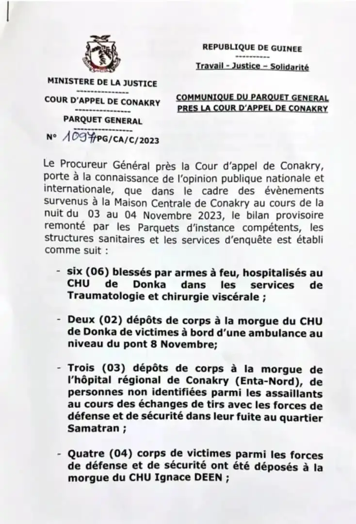 Guinée/ Évasion à la maison centrale de Conakry : le bilan provisoire fait état de 9 morts