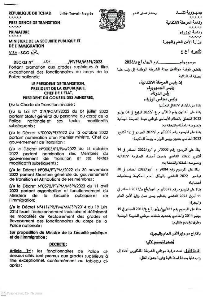 Tchad : promotion de 10 fonctionnaires de police aux grades supérieurs (décret)