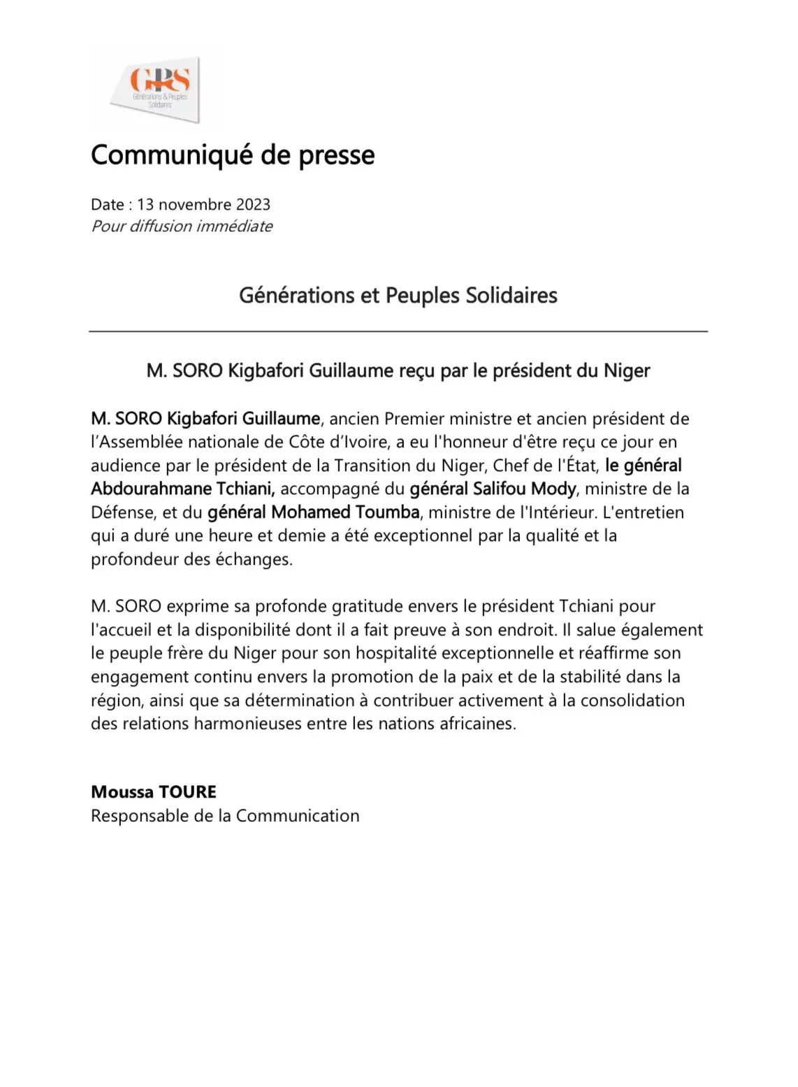 Niger : Reçu à Niamey par la junte, Guillaume Soro salue l’«hospitalité exceptionnelle » du « peuple frère du Niger » Niger : Reçu à Niamey par la junte, Guillaume Soro salue l’«hospitalité exceptionnelle » du « peuple frère du Niger »