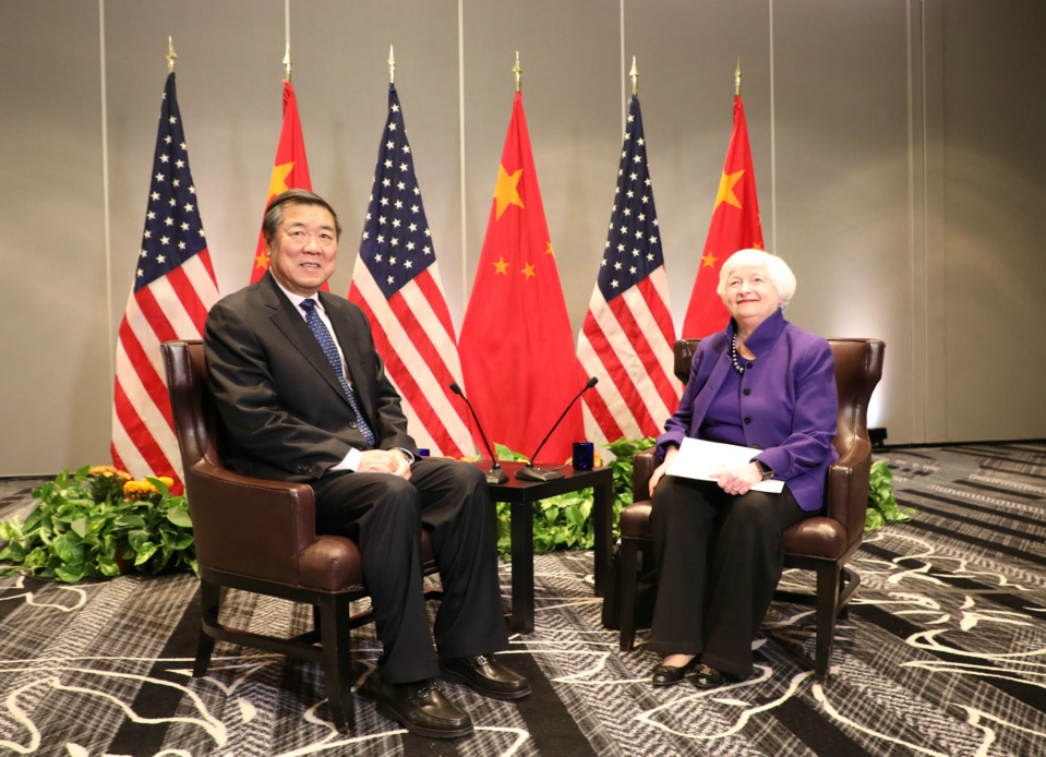 Chinese Vice Premier He Lifeng, also the Chinese lead person for China-U.S. economic and trade affairs, holds talks with U.S. Secretary of Treasury Janet Yellen in San Francisco, California, the United States, Nov. 10, 2023. (Photo by Li Zhiwei))